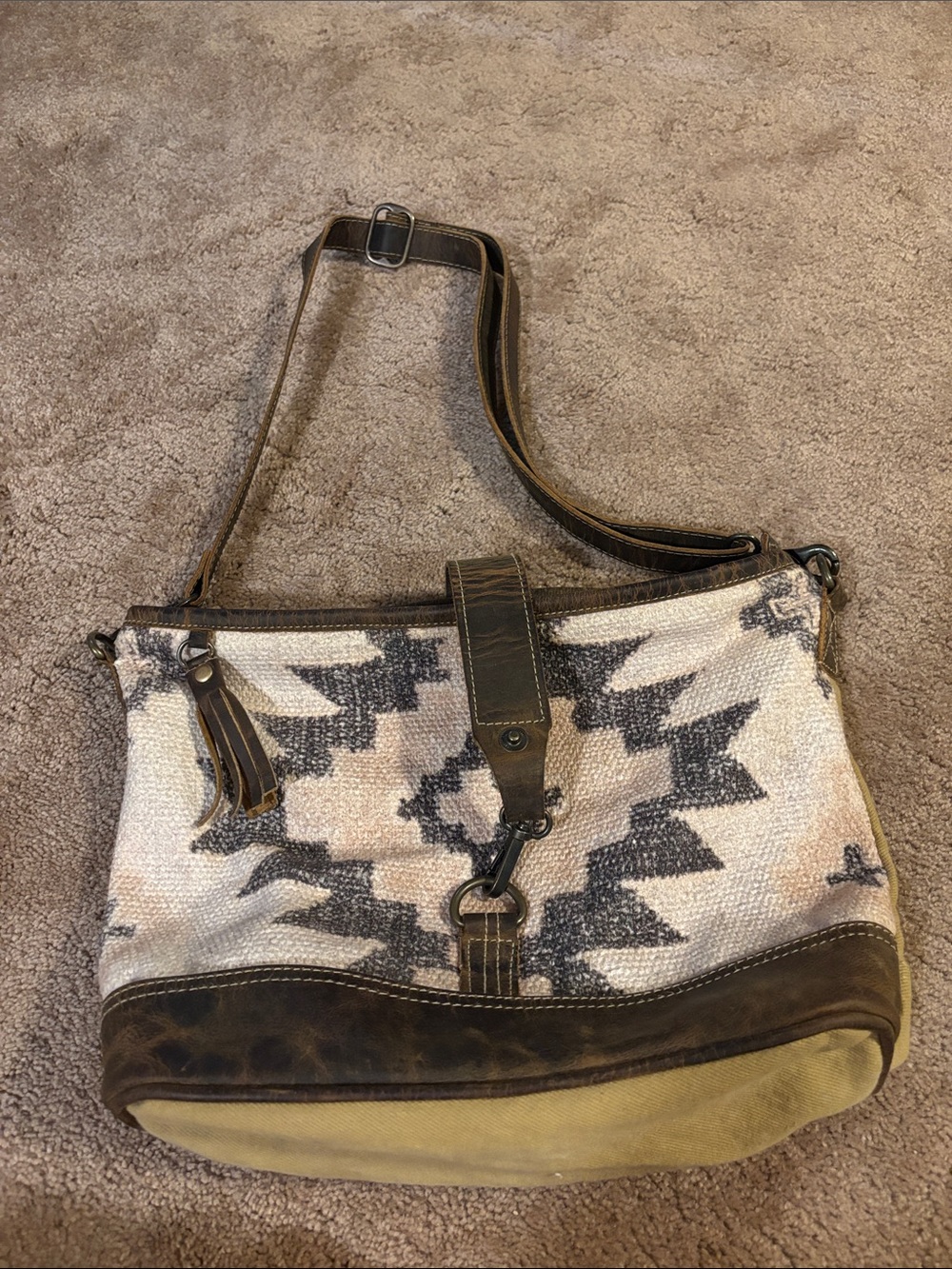 Neutral Aztec-Pattern Shoulder Bag with Leather Trim